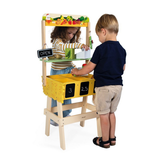 DREWNIANY SKLEP duży straganik warzywniak z akcesoriami i kasą Farma Janod 3+