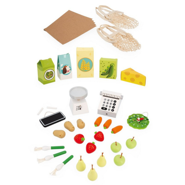 DREWNIANY SKLEP duży straganik warzywniak z akcesoriami i kasą Farma Janod 3+