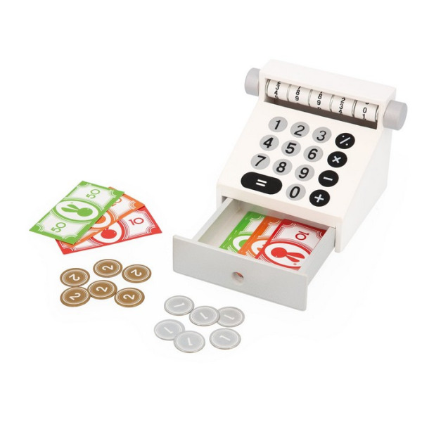 DREWNIANY SKLEP duży straganik warzywniak z akcesoriami i kasą Farma Janod 3+