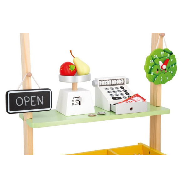 DREWNIANY SKLEP duży straganik warzywniak z akcesoriami i kasą Farma Janod 3+