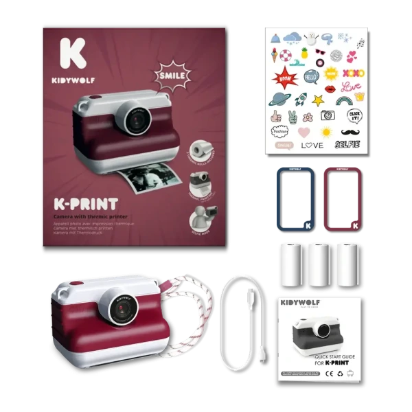 K-PRINT aparat fotograficzny z funkcją błyskawicznego drukowania dla dzieci - cyfrowy czerwony + 3 rolki papieru Kidywolf 8+