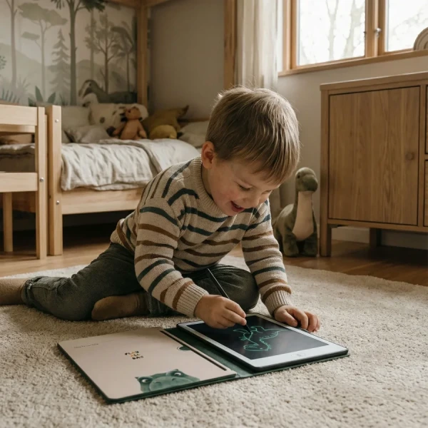 KidBook - tablet graficzny z kartami pracy do nauki rysowania i pisania - Dino Kidinex 3+