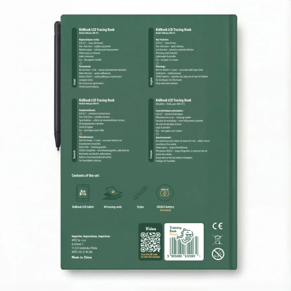 KidBook - tablet graficzny z kartami pracy do nauki rysowania i pisania - Dino Kidinex 3+