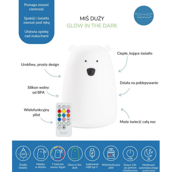 DUŻY MIŚ lampka świecąca w ciemności z pilotem Rabbits&Friends