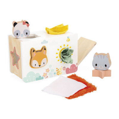 PUDEŁKO SENSORYCZNE z chusteczkami drewniany sorter Pure Janod 12m+