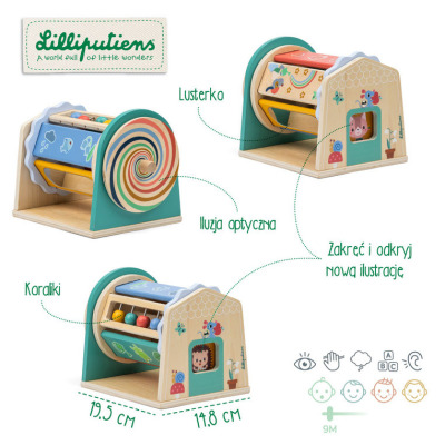 SPINNER Z LUSTERKIEM drewniana zabawka aktywizująca walec obrotowy Turnicolor Lilliputiens 9m+