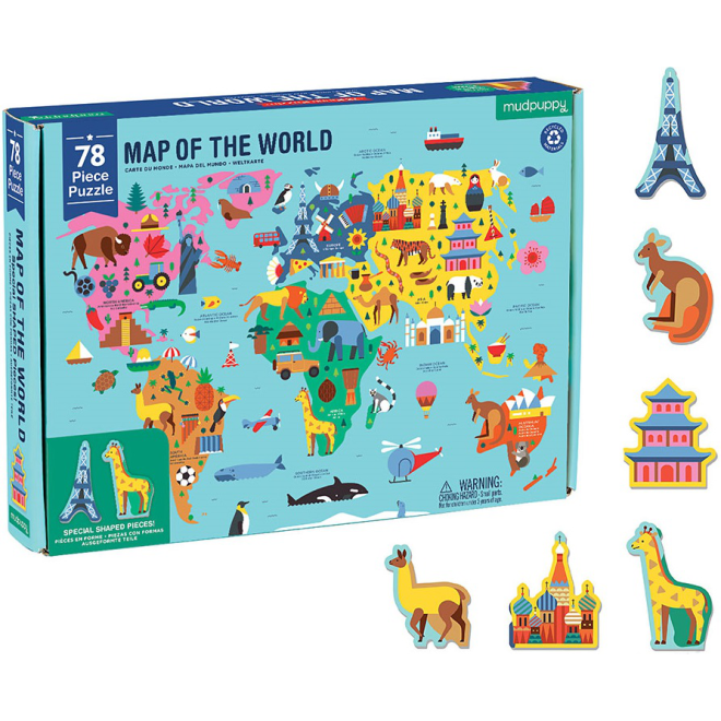 MAPA ŚWIATA puzzle tekturowe z elementami w kształcie budynków i zwierząt78 el.