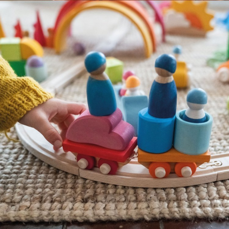 DREWNIANY POCIĄG tęczowy zestaw budowlany 18 el.