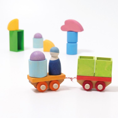 DREWNIANY POCIĄG tęczowy zestaw budowlany 18 el.