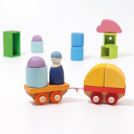 DREWNIANY POCIĄG tęczowy zestaw budowlany 18 el.