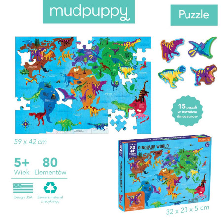 ŚWIAT DINOZAURÓW puzzle tekturowe z elementami w kształcie dinozaurów 80 el.