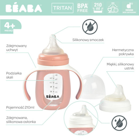 OLD PINK szklana butelka treningowa 2w1 w silikonowej osłonce 210 ml