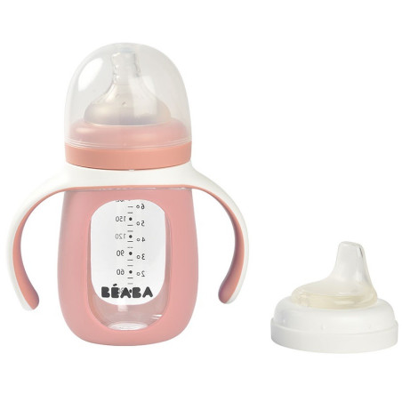 OLD PINK szklana butelka treningowa 2w1 w silikonowej osłonce 210 ml