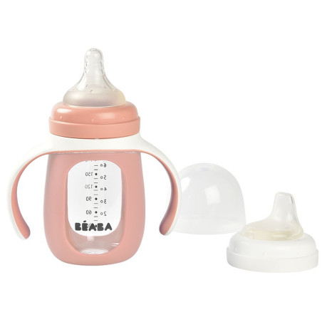 OLD PINK szklana butelka treningowa 2w1 w silikonowej osłonce 210 ml