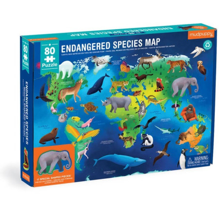 ZAGROŻONE GATUNKI tekturowe puzzle edukacyjne z elementami w kształcie zwierząt 80 el.