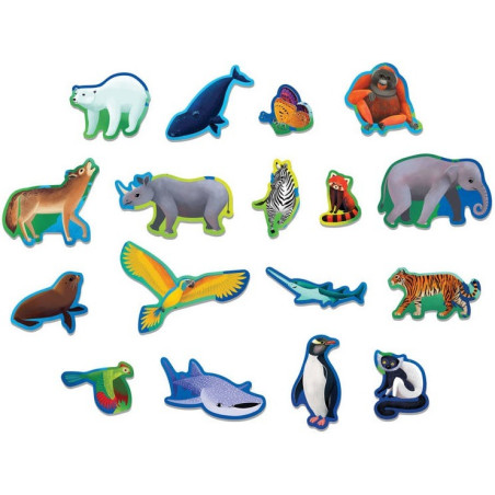 ZAGROŻONE GATUNKI tekturowe puzzle edukacyjne z elementami w kształcie zwierząt 80 el.