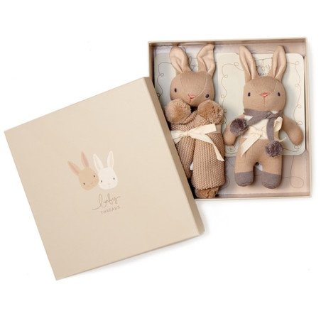 ZESTAW Z BAWEŁNY ORGANICZNEJ grzechotka i kocyk przytulanka w ozdobnym pudełku Taupe Bunny