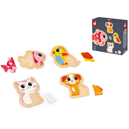 ZWIERZĄTKA DOMOWE drewniane puzzle progresywne 4 układanki – 2, 3, 4 i 5 el.