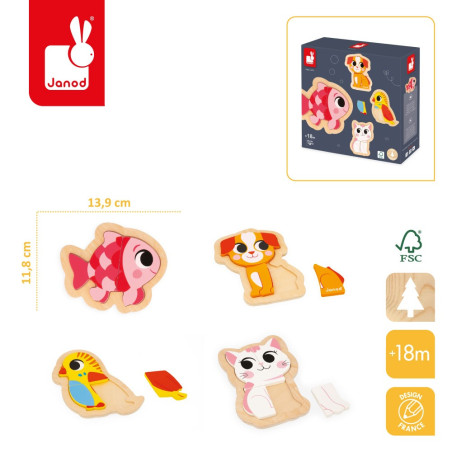 ZWIERZĄTKA DOMOWE drewniane puzzle progresywne 4 układanki – 2, 3, 4 i 5 el.